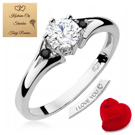 Pierścionek 14K Biały Szafir Czarne Brylanty