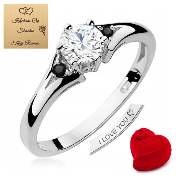 Pierścionek 14K Biały Szafir Czarne Brylanty