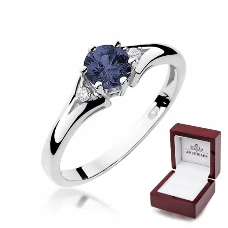 Pierścionek Białe Złoto Szafir Brylanty 585 Grawer
