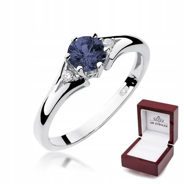 Pierścionek Białe Złoto Szafir Brylanty 585 Grawer