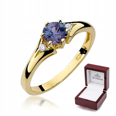 Złoty 585 Pierścionek Zaręczynowy Szafir Diamenty