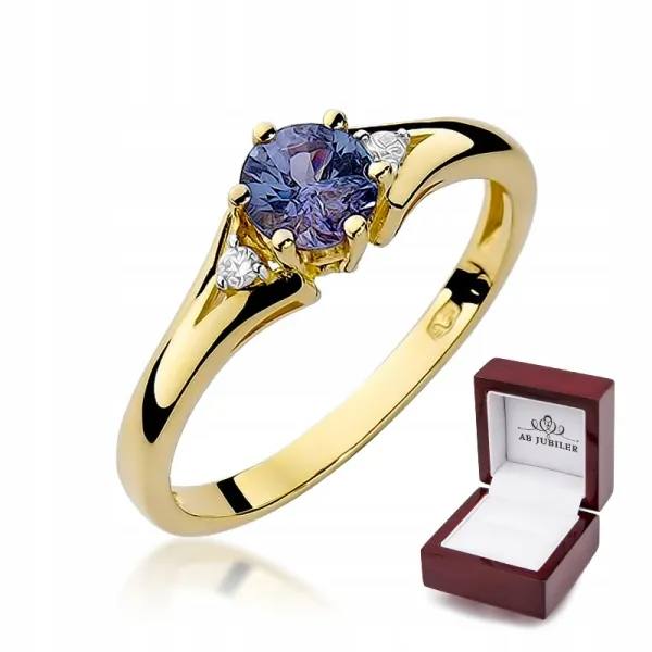 Złoty 585 Pierścionek Zaręczynowy Szafir Diamenty