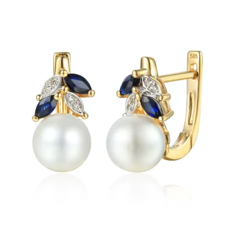 ZŁOTE KOLCZYKI PERŁY SZAFIRY DIAMENTY PRÓBA 585