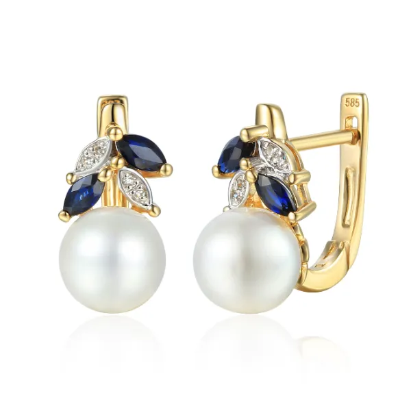 ZŁOTE KOLCZYKI PERŁY SZAFIRY DIAMENTY PRÓBA 585