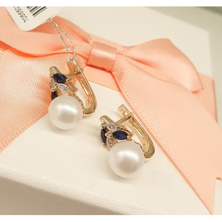 ZŁOTE KOLCZYKI PERŁY SZAFIRY DIAMENTY PRÓBA 585