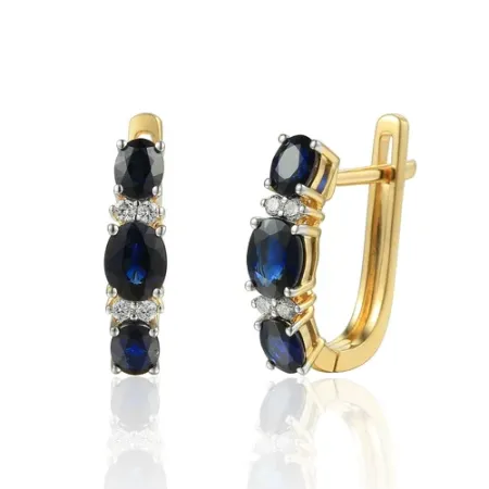 Złote Kolczyki 585 Szafir Diamenty na Prezent