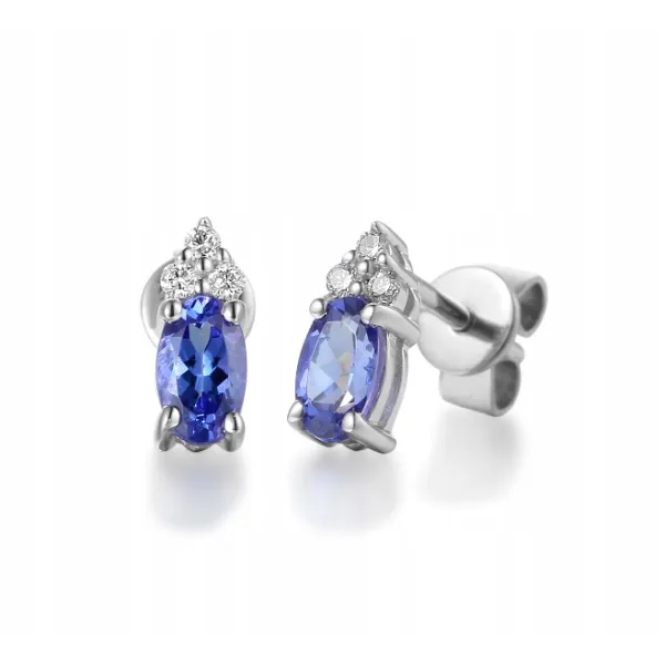 KOLCZYKI BIAŁE ZŁOTO 585 TANZANIT DIAMENTY SZTYFT 