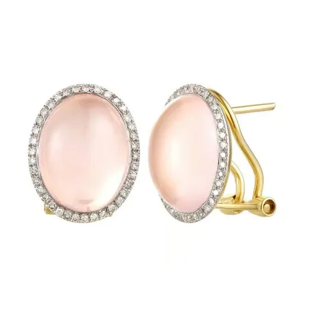 ZŁOTE KOLCZYKI Z RÓŻOWYM KWARCEM I DIAMENTAMI 