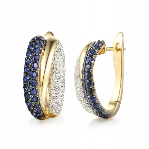 ZŁOTE ELEGANCKIE 585 KOLCZYKI SZAFIR DIAMENTY