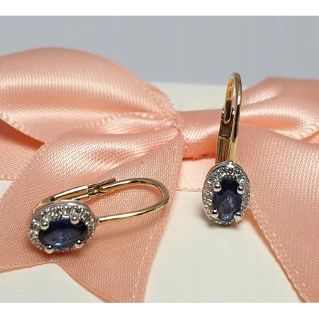 ZŁOTE 585 KOLCZYKI SZAFIR DIAMENTY PATENTKA