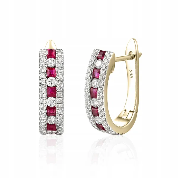 ZŁOTE KOLCZYKI RUBIN DIAMENTY ANGIELSKIE PRÓBA 585