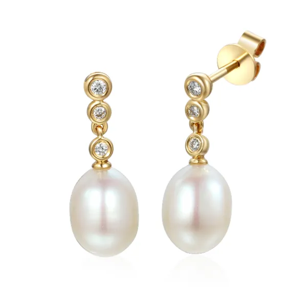 Złote Kolczyki 585 Perły i Diamenty Eleganckie