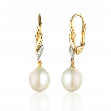 ZŁOTE ELEGANCKIE 585 KOLCZYKI PERŁY DIAMENTY