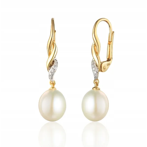 ZŁOTE ELEGANCKIE 585 KOLCZYKI PERŁY DIAMENTY