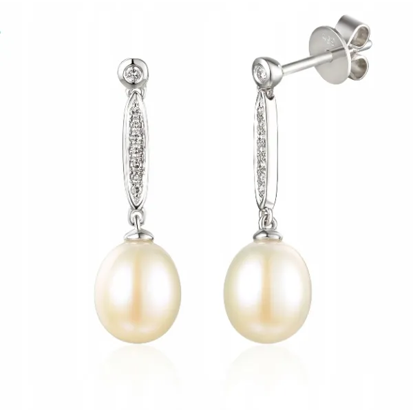 KOLCZYKI BIAŁE ZŁOTO PERŁY DIAMENTY PRÓBA 585