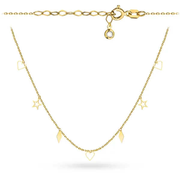 Złoty Naszyjnik 585 Serca Gwiazdki Romby Cyrkonia