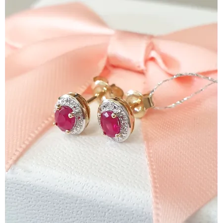 ZŁOTE KOLCZYKI RUBIN DIAMENTY PRÓBA 585 SZTYFT