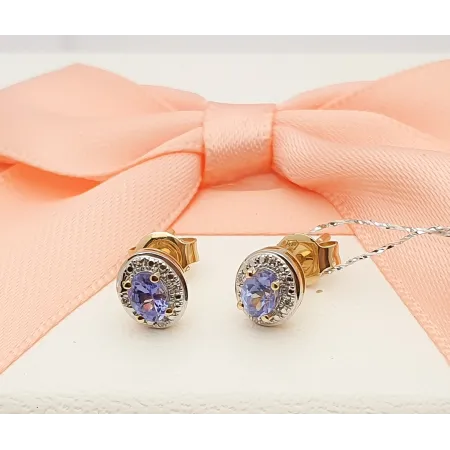 ZŁOTE KOLCZYKI TANZANIT DIAMENT 585 SZTYFT PREZENT