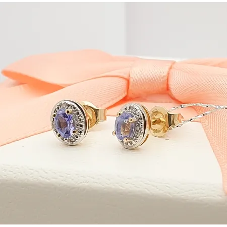 ZŁOTE KOLCZYKI TANZANIT DIAMENT 585 SZTYFT PREZENT