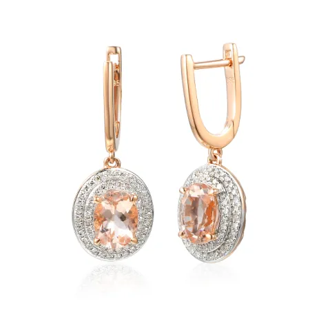 KOLCZYKI MORGANIT DIAMENTY 585 RÓŻOWE ZŁOTO