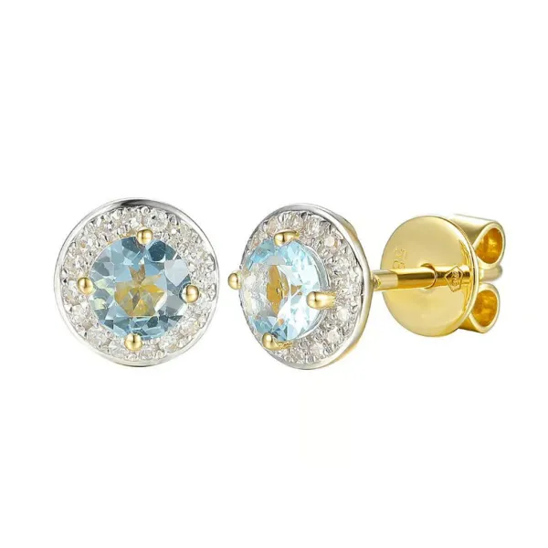 ZŁOTE KOLCZYKI 585 AKWAMARYN DIAMENTY SZTYFT