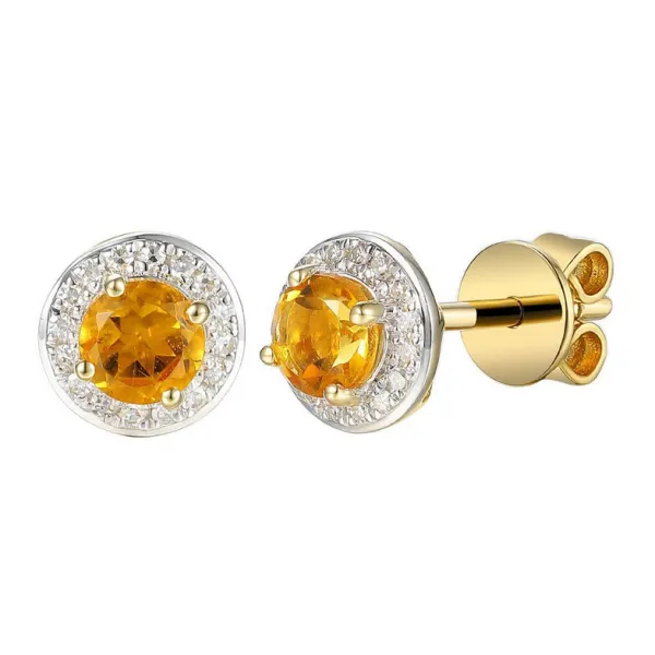 ZŁOTE KOLCZYKI 585 CYTRYN DIAMENTY SZTYFT