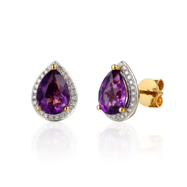 Złote Kolczyki Ametyst Diamenty Próba 585 Sztyft