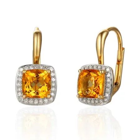 Złote 14K Kolczyki Duży Cytryn Diamenty Patentka