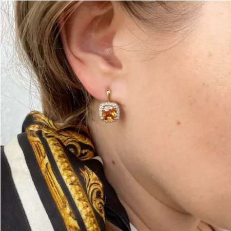 Złote 14K Kolczyki Duży Cytryn Diamenty Patentka