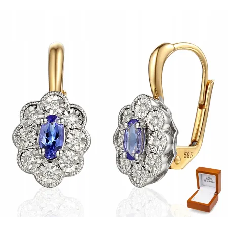 ZŁOTE KOLCZYKI TANZANIT I DIAMENTY PRÓBA 585