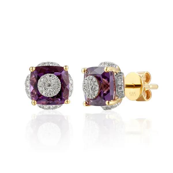 Złote Kolczyki Ametyst Diamenty Próba 585
