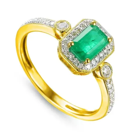 ZŁOTY 585 PIERŚCIONEK SZMARAGD BRYLANTY GRAWER