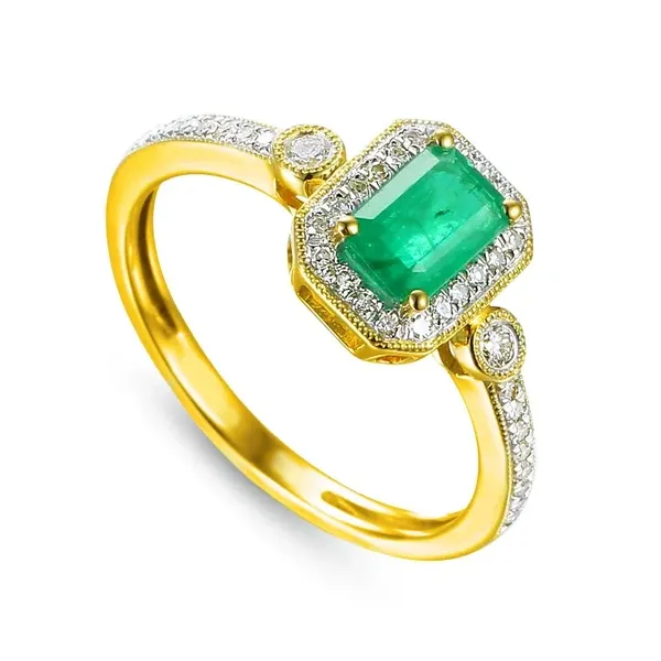 ZŁOTY 585 PIERŚCIONEK SZMARAGD BRYLANTY GRAWER