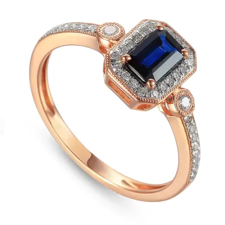 PIERŚCIONEK 585 SZAFIR DIAMENT RÓŻOWE ZŁOTO GRAWER