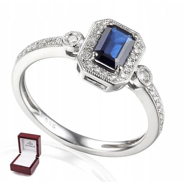 PIERŚCIONEK SZAFIR I DIAMENT BIAŁE ZŁOTO PRÓBA 585