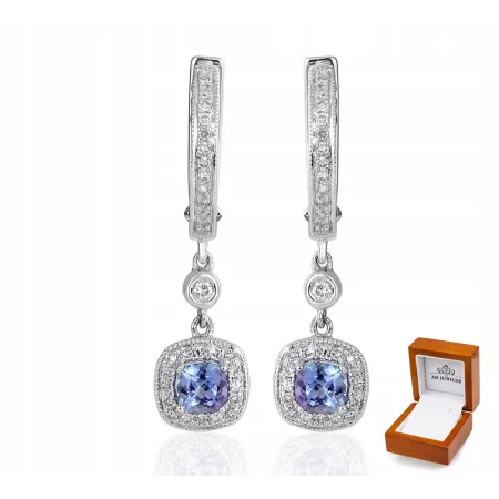 KOLCZYKI BIAŁE ZŁOTO TANZANIT DIAMENTY PRÓBA 585