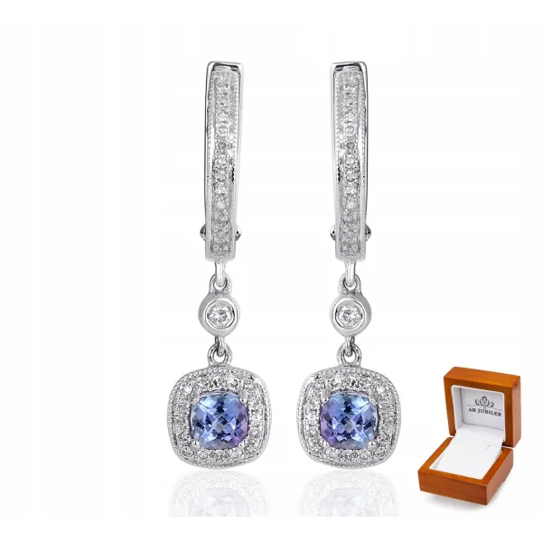 KOLCZYKI BIAŁE ZŁOTO TANZANIT DIAMENTY PRÓBA 585