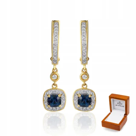 ZŁOTE 585 KOLCZYKI SZAFIR I DIAMENTY NA PREZENT
