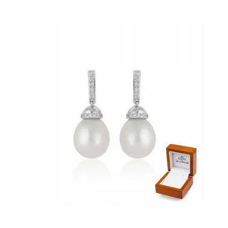 KOLCZYKI 585 PERŁY DIAMENTY BIAŁE ZŁOTO PREZENT