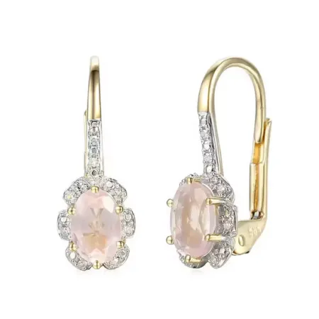 Złote 585 Kolczyki Kwarc Różowy Diamenty Patentka
