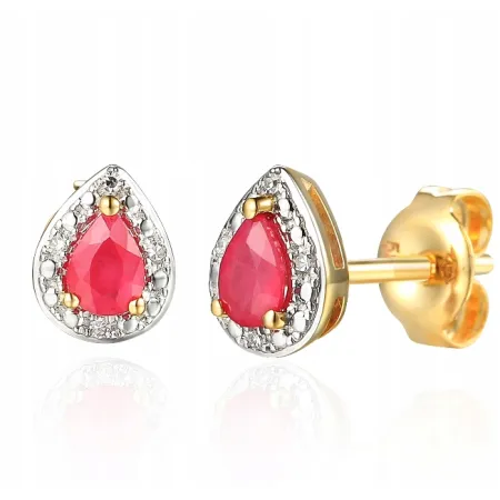 ZŁOTE 585 KOLCZYKI ŁEZKI RUBINY I DIAMENTY 
