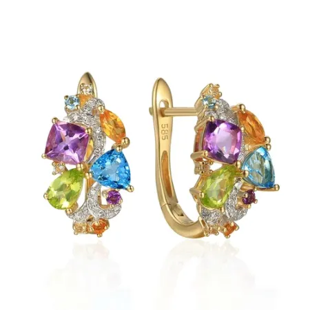 Złote 585 Kolczyki Ametyst Topaz Cytryn Brylanty