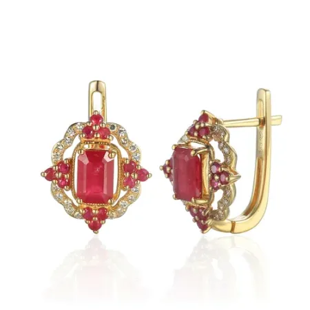 ZŁOTE KOLCZYKI RUBIN DIAMENTY PRÓBA 585