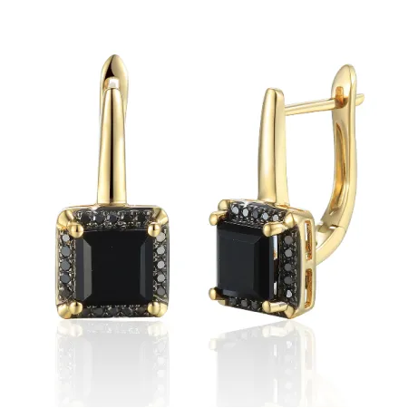 Złote 585 Kolczyki Agat Czarne Diamenty Angielskie