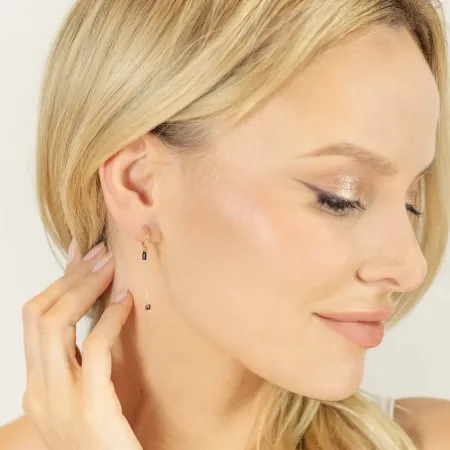 Złote 585 Kolczyki Czarny Agat Wiszące Sztyft