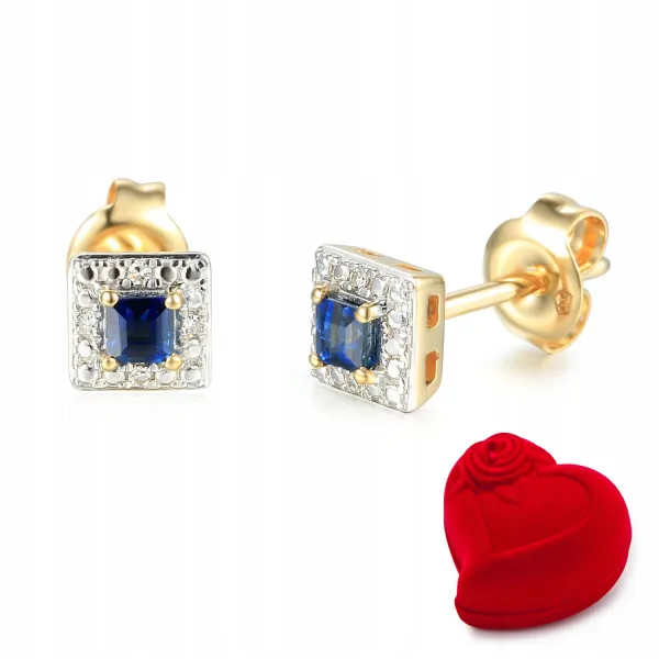 ZŁOTE 585 KOLCZYKI SZAFIR DIAMENTY SZTYFT PREZENT