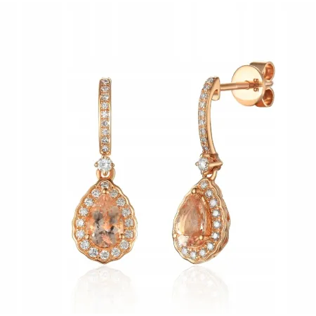 ZŁOTE 585 KOLCZYKI MORGANIT DIAMENTY SZTYFT