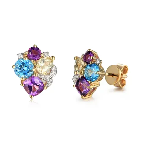 Złote 14K Kolczyki Ametyst Topaz Brylanty Sztyft
