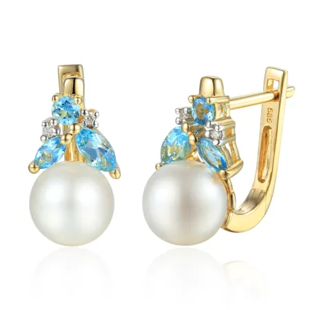 KOLCZYKI ZŁOTE 585 PERŁY TOPAZY DIAMENTY PREZENT