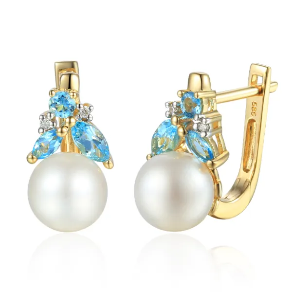 KOLCZYKI ZŁOTE 585 PERŁY TOPAZY DIAMENTY PREZENT